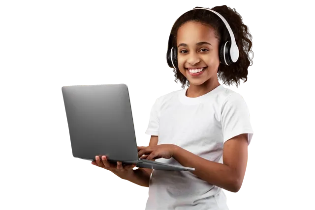 Girl with laptop and wireless headphones.